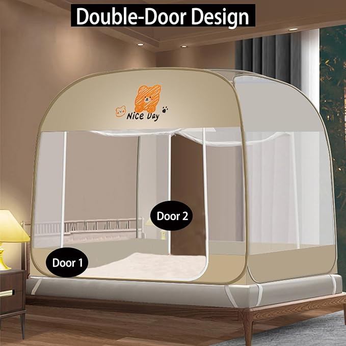 CMINGJ Mosquito Net for Bed, Portable pop up Mosquito Netting with Bottom, Free Installation-Suitable for Bedroom, Camping, Folding Portable Design for Baby Adults (Orange Bear) L79 x W71 x H61