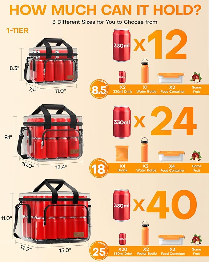 HOTOR Lunch Box for Men and Women - Leak-Proof Insulated Lunch Cooler Bag with Adjustable Strap, Multiple Pockets for Office, Picnic, Hiking, Beach, 1 Layer, 8L, Grey, 9.8" x 8.7" x 5.9"