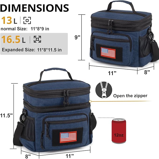 ATRIPACK Lunch Bag for Men, Double Deck Tactical Lunch Box Work with Shoulder Strap MOLLE Webbing Large Lunch Cooler Leakproof Insulated （Blue）