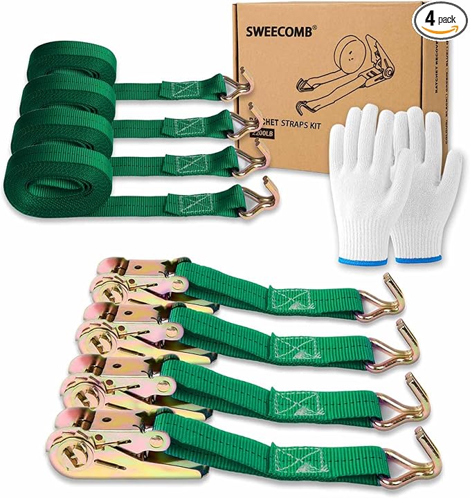 Ratchet Straps (4-Pack), 1 Inch x 16.4 Feet (2200lb Break Strength) with Sturdy Metal Hooks, 1x Work Gloves, Heavy Duty Tie Down Straps for Truck, Cargo Trailer, Motorcycle, Luggage, Moving (Green)