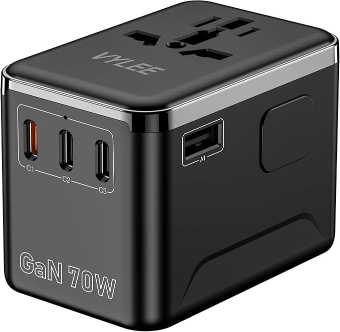 Universal Travel Adapter, VYLEE 70W International Plug Adapter with PD Fast Charging, 5-Port (1 AC/1 USB-A/3 USB-C), Wall Charger Worldwide Travel Essentials Plug for USA EU UK AUS Japan (Black)