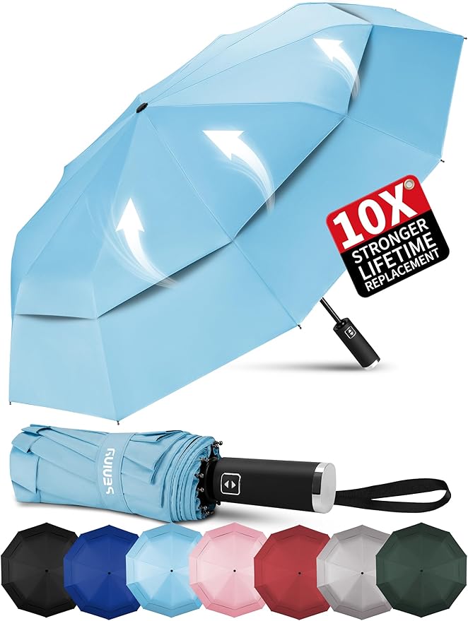 Seniny Windproof Travel Umbrella, Double Vented Canopy Large Umbrellas for Rain, Automatic Compact Umbrella for Car Backpack, Portable Pocket UV Umbrellas for Sun Protection Walking, Lightweight