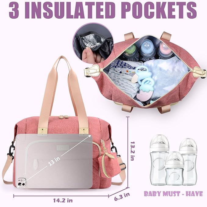 Tuwubi Diaper Bag Tote,Baby Diaper Bag with Pacifier Case Large Travel Diaper Tote Caddy for Mom and Dad Multifunction Large Baby Bag - M-Pink