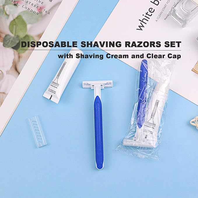Disposable Razors in Bulk Pack of 120,Blue Disposable Shaving Razors Individual Wrapped Twin Blade Bulk Disposable Razors with Clear Cap and 10g Shaving Cream for Homeless,Hotel,Travel,Charity,Shelter