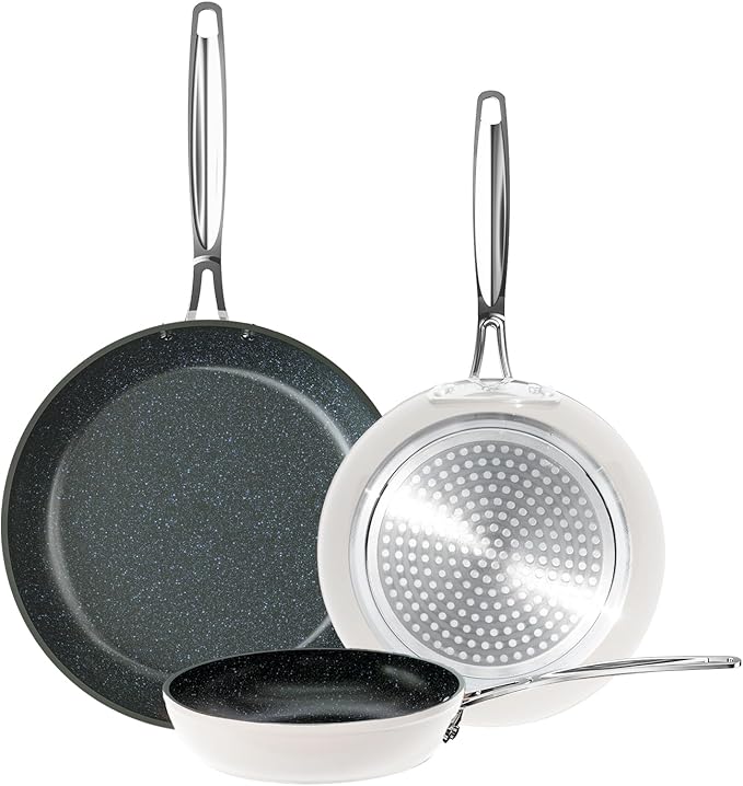 Nuwave 3-Piece 8”, 10”, 12” Forged Lightweight Frying Pan Set, G10 Healthy Duralon Blue Ceramic Ultra Non-Stick, Ergonomic Stay-Cool Handles, Induction-Ready & Works on All Cooktops