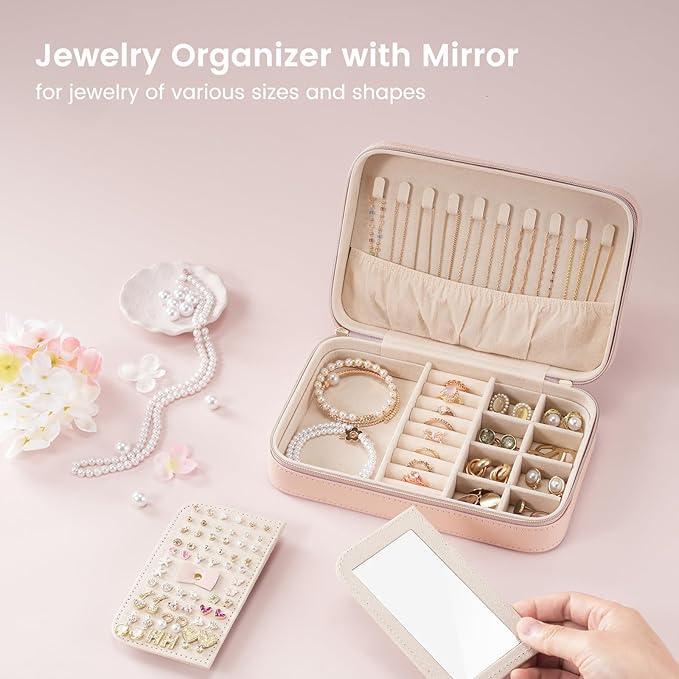 Lolalet Travel Jewelry Case for Women Girls, Travel Jewelry Organizer Box with Mirror & Clear Storage Bag, Small Portable Earring Necklace Bracelet Ring Case, Birthday Christmas Gifts -Medium, Pink
