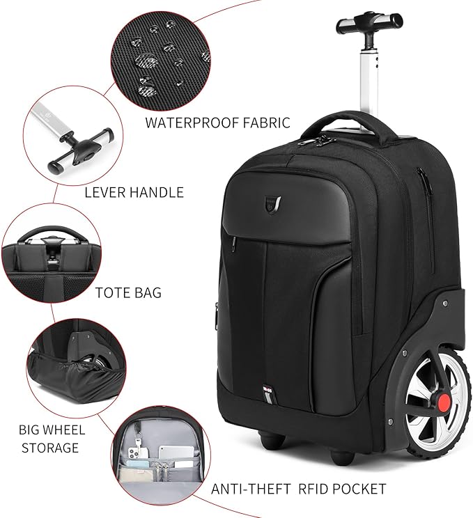 Rolling Backpack,Waterproof Backpack with Wheels for Business and Travel Commuter, Carry on Backpack with Laptop Compartment, Fit 17 Inch Laptop, Wheeled Backpack for Adults
