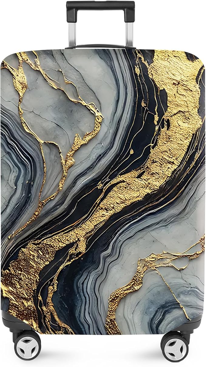 ANNA QUEEN Luxury Marble Gold Luggage Cover, Elegant Black & Grey Suitcase Protector with Faux Gold Vein Design, Stretchable, Washable Spandex Cover for 32-34 Inch Luggage