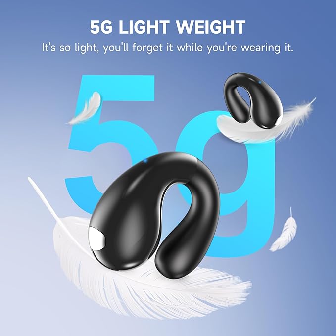Open Ear Earbuds Wireless Bluetooth 6.1 Earphones, Flexible Clip On Ear buds with 36H Playtime LED Display Bone Conduction Headphones, IPX7 Waterproof Light Weight Fit for Every Ear, Sport, Workout
