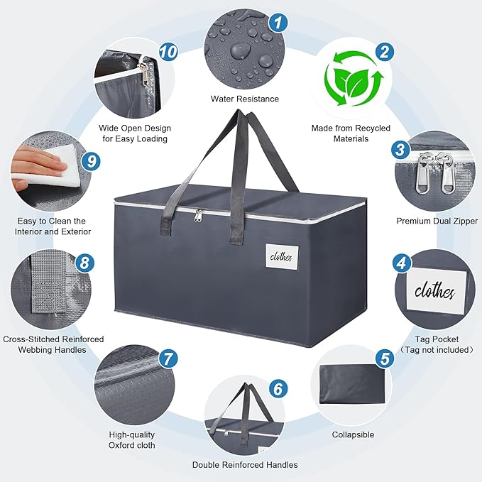 6 Pack Extra Large 93L Moving Bags, 60lb Heavy Duty Moving Totes with Triple-layered Thickening Technology, Strong Zippers & Handles, Easy Open Lids, Water-Resistant, Storage Totes, Fold Flat