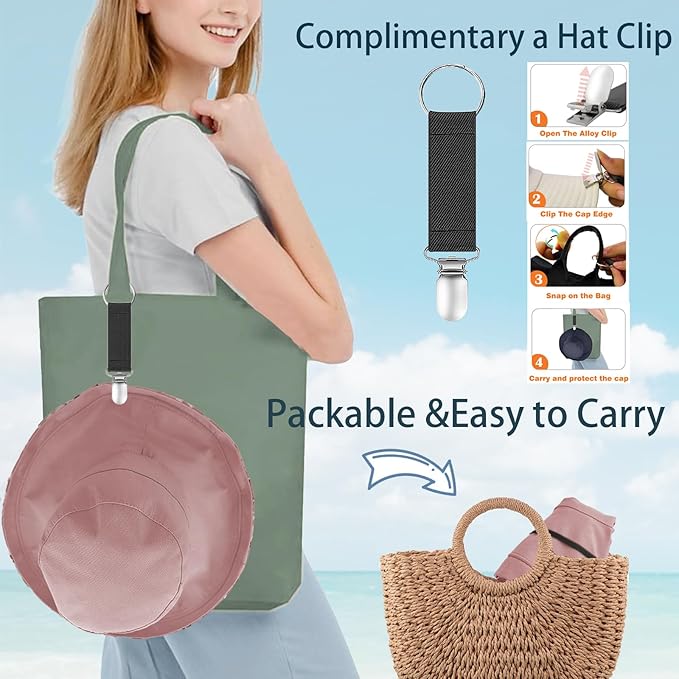 vidsel Womens Sun Hats Wide Brim Reversible Bucket Cotton Hat Packable Summer Travel Cap with Hat Clip,UV Protection