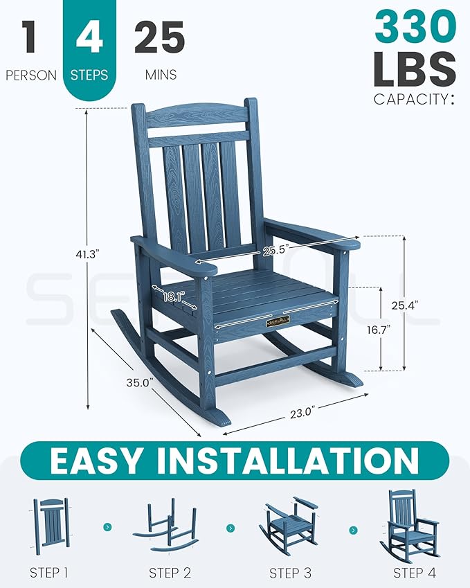 SERWALL Outdoor Rocking Chair Set of 2, HDPE Patio Rocking Chair All-Weather Porch Rocker for Balcony, Yard, Blue