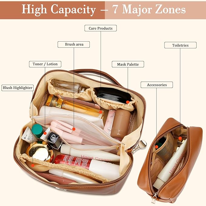 Birthday Gifts for Women Teen Girl, Personalized Initial Makeup Organizer Bag Set, Open Flat Travel Cosmetic Bag With Clear Divider and Handle(Brown,S)