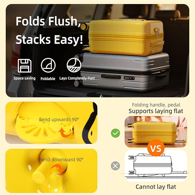 Kids' Lightweight Ride on Luggage with Spinner Wheels & Foldabe Design (Yellow Study, 24"+ Aged 3-12 Toddler)