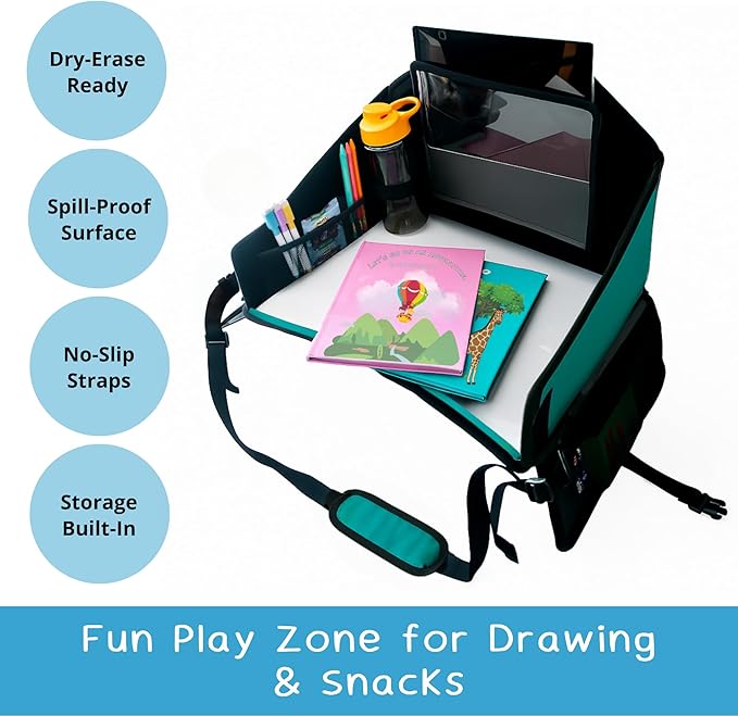 Kids Travel Tray for Car Seat – Teal – The Essential Travel Lap Desk with Removable Tablet Holder, Built-In Storage, and Stabilized Panels, Must Have Car Tray for Kids on Road Trips