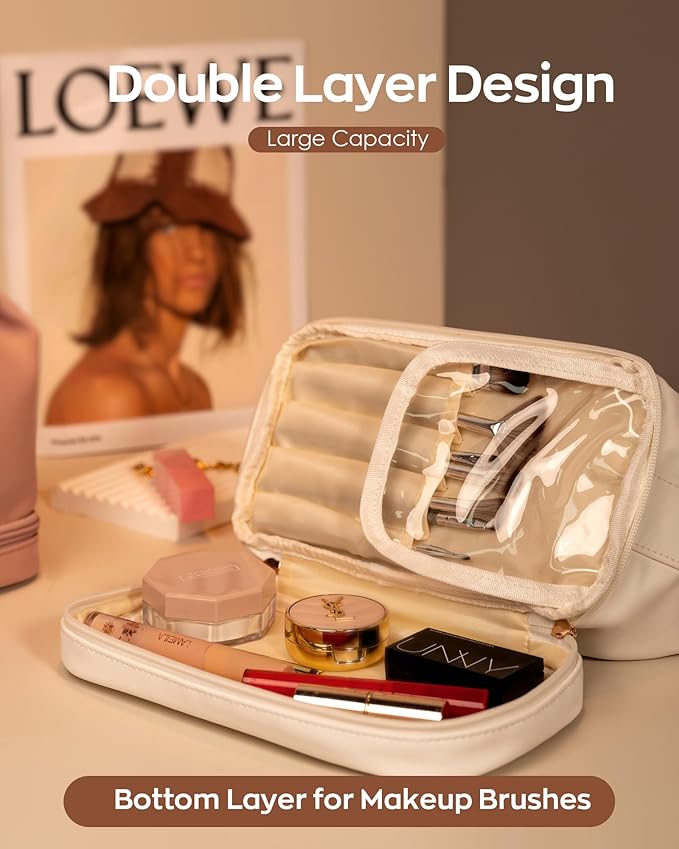 Gifts for Friends Female Mom, Letter Makeup Bag, Personalized Double Layer Cosmetic Bag with Makeup Brush Organizer, Waterproof, Large Capacity PU Leather Travel Toiletry Bag, Gift for Wife