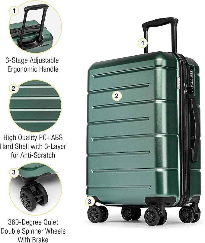 KYME Luggage Sets 2 Piece Hardshell 22"/26" Suitcase with Spinner Wheels Hardside Suitcases Sets with TSA Lock Lightweight Travel Luggage Set with Cup Holder for Women Men Green