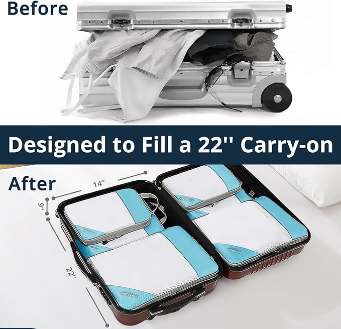 Compression Packing Cubes 3 Set, Compressible Space-Saving Packing Cubes for Travel - Compression Bags, Luggage Organizer, Travel Essentials for Women, Teal