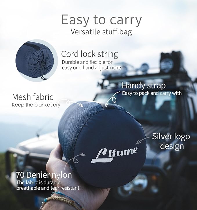 Travel Camping Blanket Lightweight and Breathable, 67 x 48 in Soft Airplane Flight Blanket for Travelers, Foldable Sheet with Stuff Sack for Train, Camp, backapcking, Office, Home (E651 Grey)