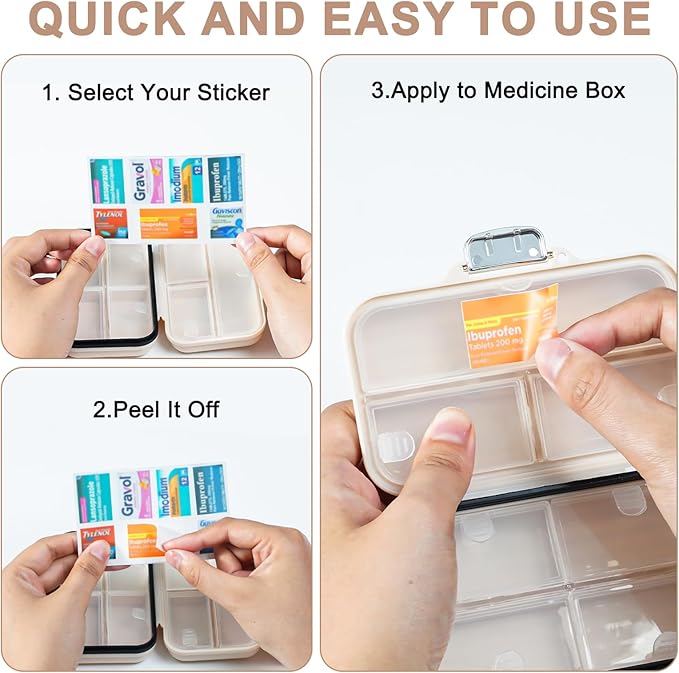 Travel Pill Organizer Box with Medicine Labels, 7 Compartments Portable Pill Case, Daily Medication Organizer Storage Pill Container for Pocket Pharmacy(Pearly White, L)