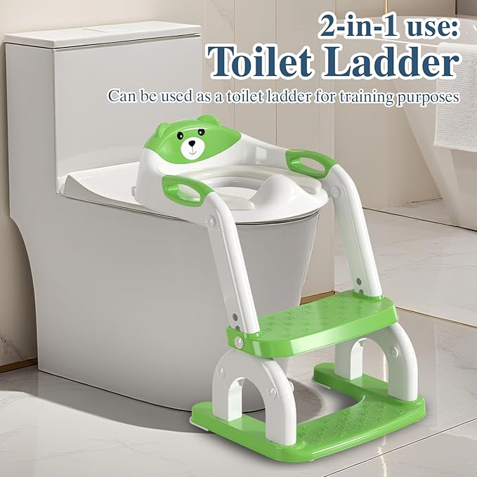 Potty Training Seat for Toddlers, Adjustable Height 2-in-1 Potty Training Toilet Ladder for Kids Boys Girls with Splash Guard, Waterproof Cushion, Anti-Slip Pad Step Stoo - Green