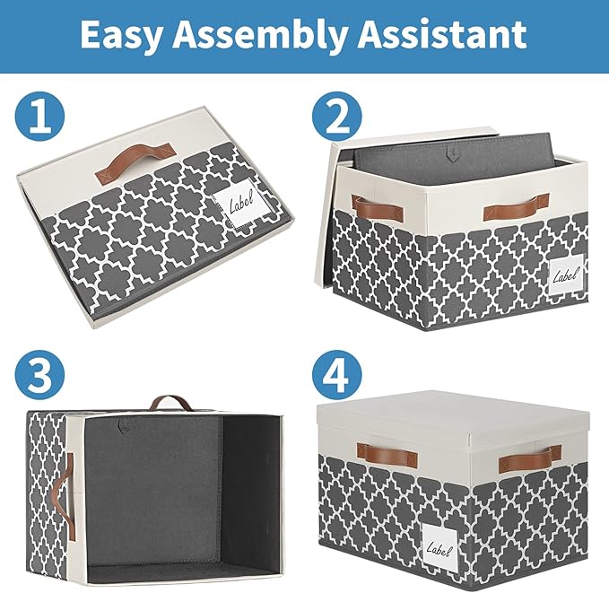 GhvyenntteS Extra Large Storage Bins with Lids, Foldable Fabric Storage Boxes with Lids and 3 Leather Handles, Storage Baskets with Label Window (6 Pack, Grey&Black, 15.75x11.8x10.2)