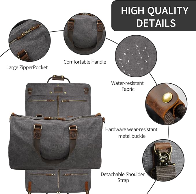 2 in 1 Canvas Leather Suit Luggage Garment Bag with Shoulder Strap for Travel and Business Trips (Grey)