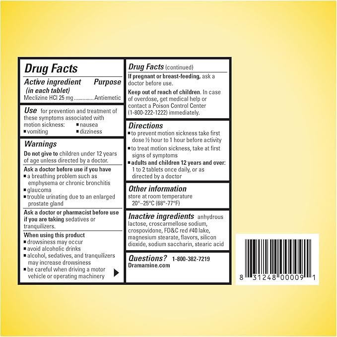 Dramamine Motion Sickness Less Drowsy, Chewables for Nausea Relief During Travel, Raspberry Cream Flavor, 12 Count