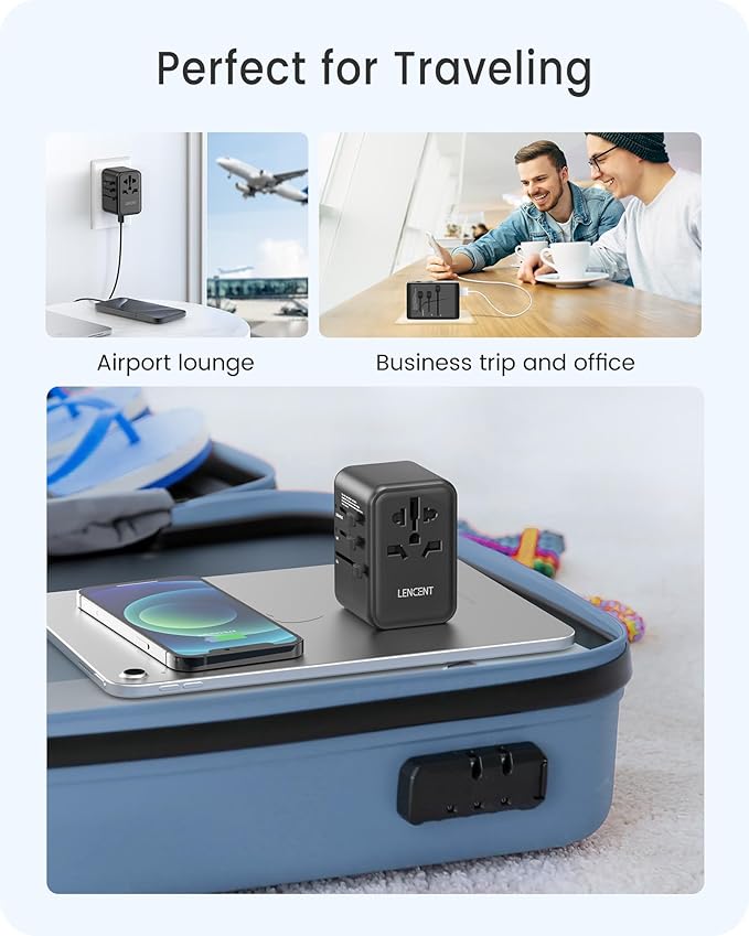 LENCENT Universal Travel Adapter, GaN III 65W International Charger with 2 USB Ports & 3 USB-C PD Fast Charging, All in One Outlet Adaptor for iPhone,Laptops, Type A/C/G/I (USA/UK/EU/AUS)