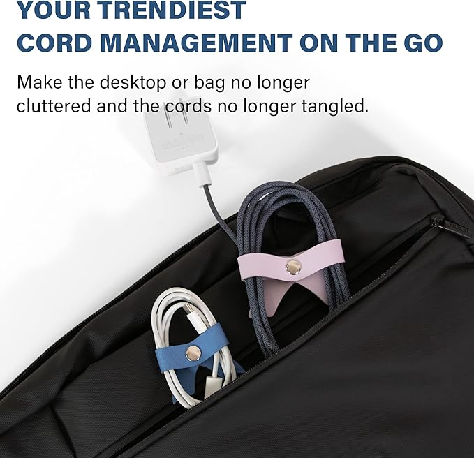 SenseAGE 5 Pack Cord Organizer, Bow Cord Keeper, Cable Organizer USB Holder, Leather Cable Management, Cable Straps, Earphone Winder, Storage Straps for Electronics, Earbuds, Big, Purple