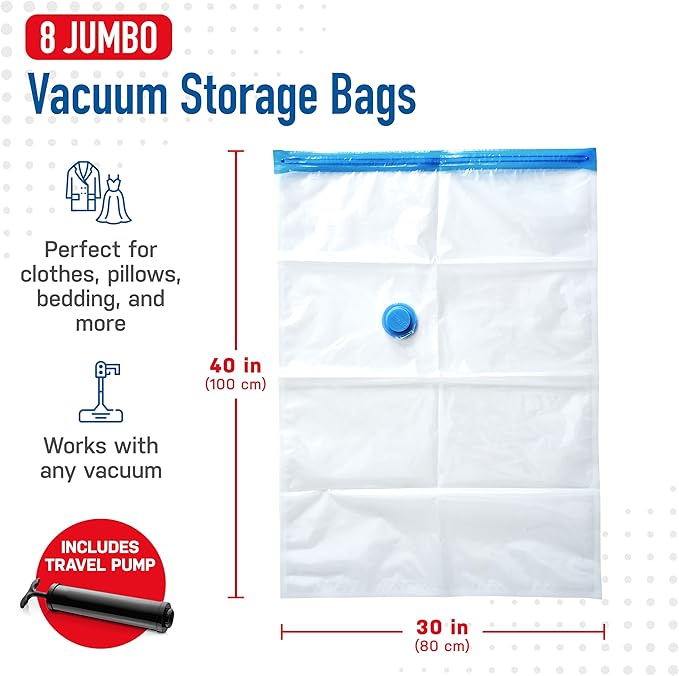 8 Pack Jumbo Vacuum Storage Bags for Comforters, Blankets & Clothes – Jumbo Vacuum Sealed Compression Bags with Hand Pump – Space Saver Storage Bags for Bedding, Moving, Travel & Organization