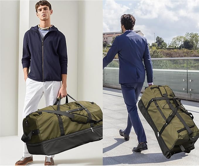 110L/140L Expandable Soft-Sided Foldable Duffle Bag with 2 Rubber Wheels,Packable 32” Rolling Carry-On with Multi-Pockets & Compartments,Army Green