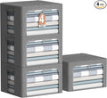 4 Pack Clothes Storage Bins with Metal Frame - Linen Fabric Foldable Stackable Container Organizer Set with Clear Window & Carry Handles & Zippers (Dark Gray, 15.7"x11.8"x7.8")