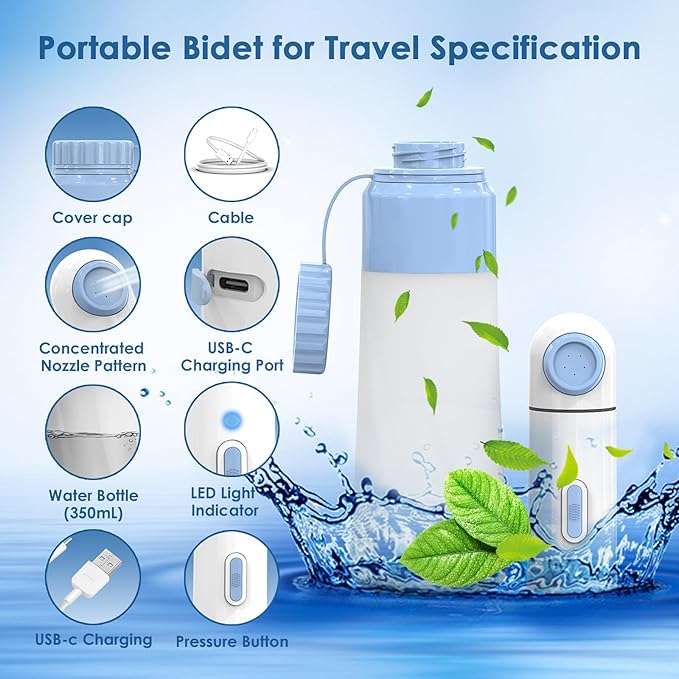 Portable Bidet for Travel – 350ml High Pressure Handheld Electric Portable Bidet - IPX7 Waterproof, Pocket-Sized Rechargeable Travel Budet Bottle for Women, Men & Baby - Personal Hygiene Cleaning