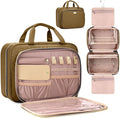 Toiletry Bag for Women with Jewelry Organizer Compartment, Travel Makeup Cosmetic Bag with Hanging Hook for Full-sized Toiletries, Shampoo - Brown
