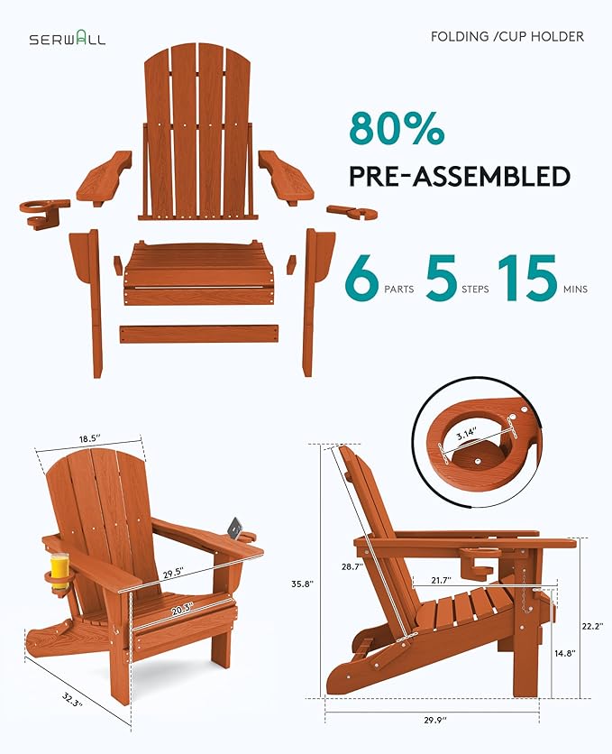 SERWALL Adirondack Chair with Cup Holders - Composite Adirondack Chairs Set of 4 HDPE Outdoor Chairs All Weather Use- Orange