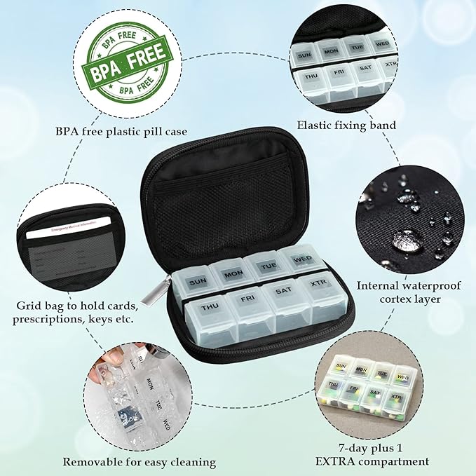 Serfeymi Weekly Travel Pill Organizer Pill Case for Purse with Removable 7 Day Pill Box, Fashionable Travel Medicine Organizer Pill Container for Medicine, Vitamin, Supplement - Brown 02 + Pill Box