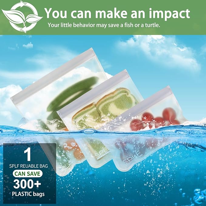 SPLF 10 Pack Reusable Sandwich Bags Dishwasher Safe, Reusable Quart Freezer Bags, Extra Thick Leakproof Food Storage Bags Silicone and Plastic Free for Marinate Meats, Cereal, Lunch, Travel Items Gray
