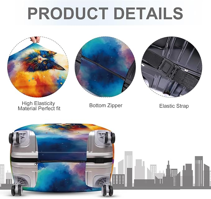 ANNA QUEEN Colorful Cat Luggage Cover, Artistic Blue Cat Design with Rainbow Colors, Stretchable, Washable Travel Sleeve for 24-26 Inch Suitcases