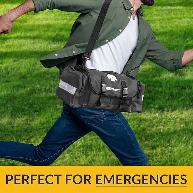 MFASCO First Aid Kit - Fully Stocked Portable Reflective Bag -First Responder Emergency Response Kit-for Natural Disaster Preparedness-Customizable Storage-Includes 415 Pcs First Aid Supplies-Black