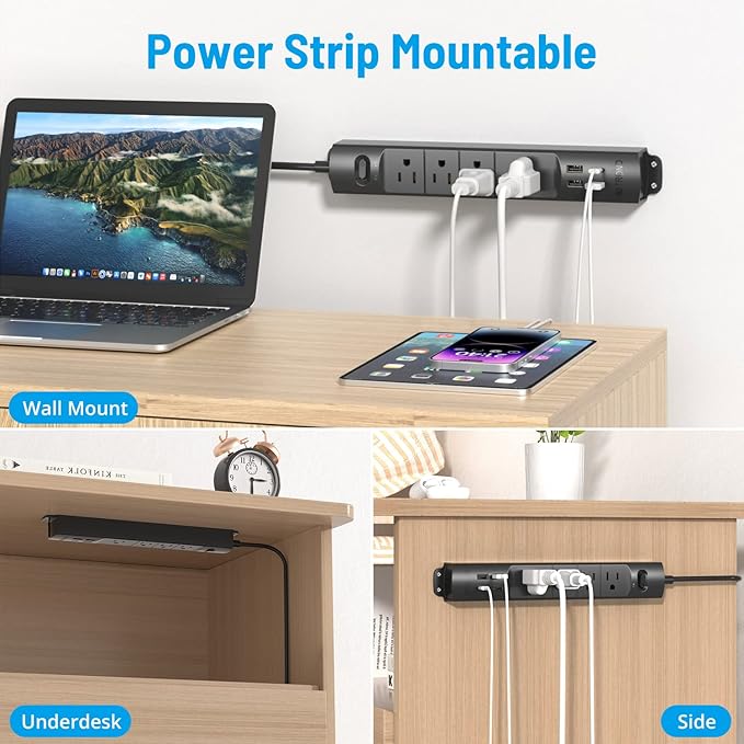TROND Surge Protector Power Strip with USB, Ultra Thin Flat Plug 15ft Long Extension Cord 1625W, 3 USB A & 1 Type C, 4 AC Outlets 1440J Surge Protection Wall Mount for Home Office Dorm Room, Black