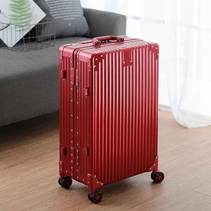 Metal All Aluminum Carry-on Luggage TSA Customs Lock Zipperless Silent Rotary Wheel Business Suitcase Aluminum Frame Set (red, 20 '')