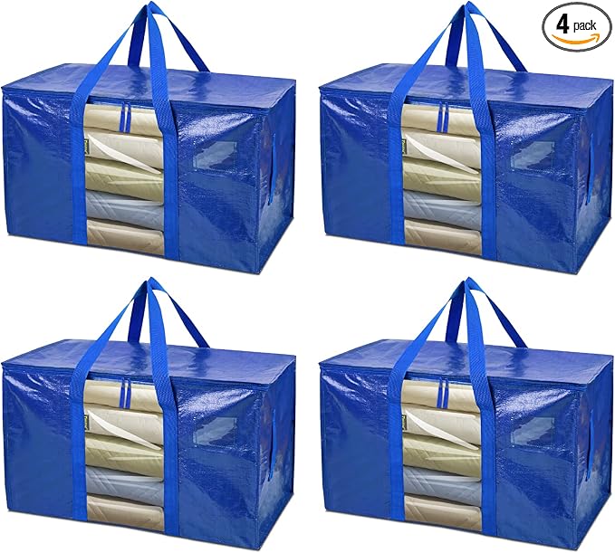 BALEINE 4-Pack Oversized Moving Bags with Reinforced Handles, Heavy-Duty Storage Tote Moving Supplies for Packaging, Camping (Blue w/Window, 4-Pack)