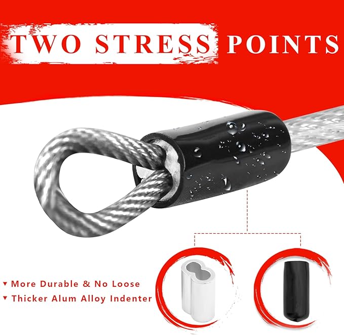 1/8 inch Stainless Steel Security Cable with Hooks 2.6 FT Luggage Lock Security Cable with Loops（10Pack ）