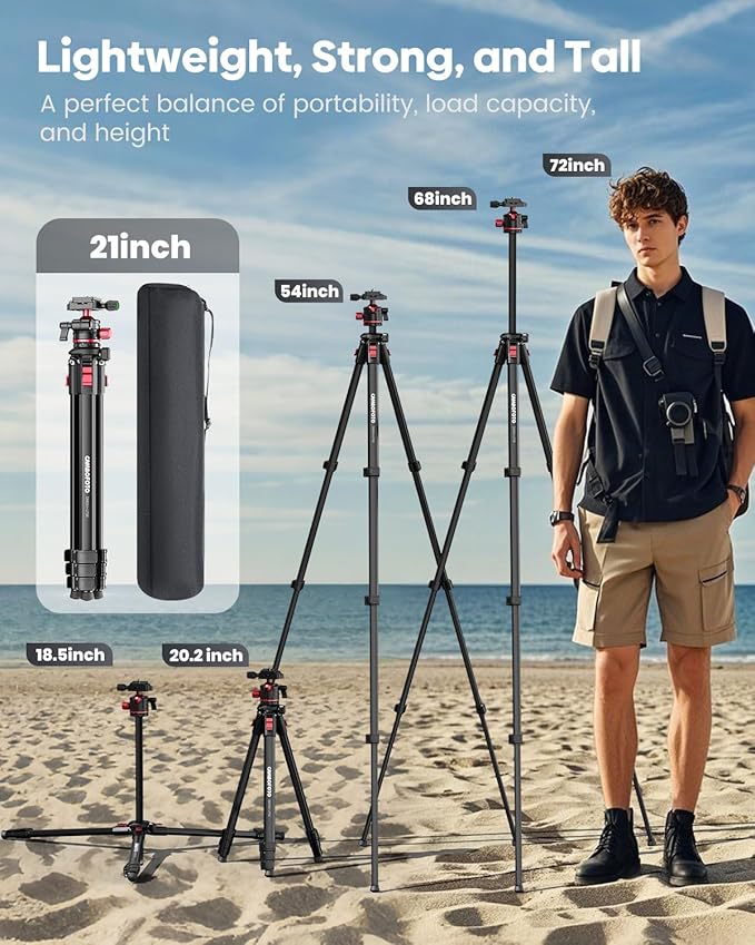 68" Lightweight Travel Camera Tripod with Ball Head, Compact Aluminum Tripod for DSLR/SLR, Compatible with Canon, Nikon, Binoculars, Telescope (Supports 8.8 lbs, Weighs 2.62 lbs)