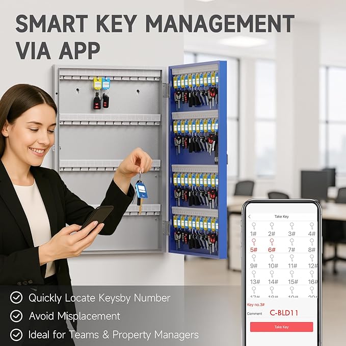 WeHere 96 Key Lock Box Wall Mount, APP Bluetooth/Wi-Fi Remote/One Time Password Share/Fixed Code Unlock, Smart Cabinet, Organizer for Apartment, Hotel, Office, Real Estate Management
