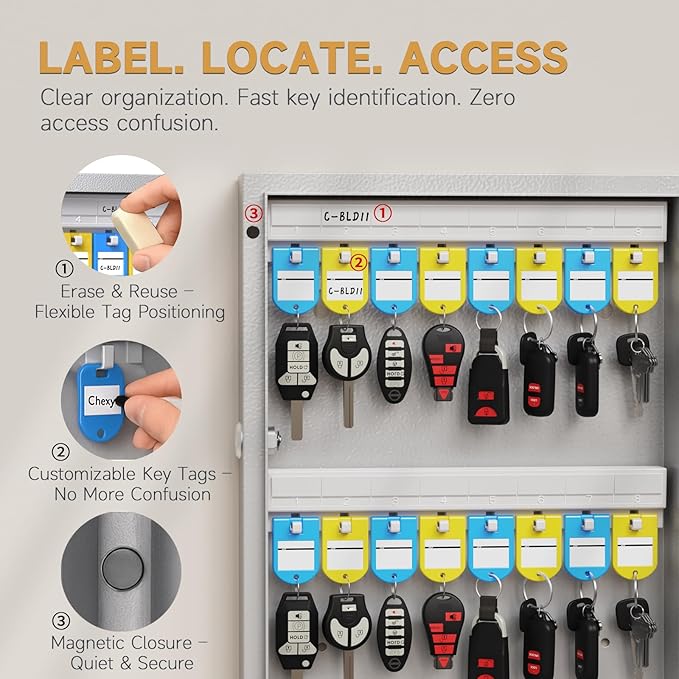 72 Key Cabinet Organizer,Metal Key Lock Box Wall Mount use OTP Technology Unlock,Fixed Password/Bluetooth Unlock, App Remotely Generates Pin Codes Without Internet,Great for Key Hook & Storage