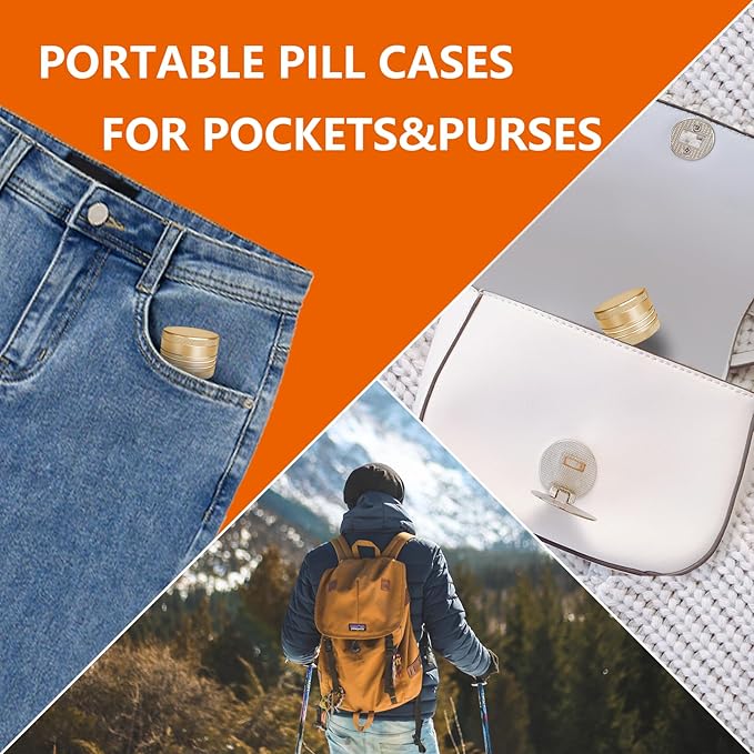 Small Pill Box, Portable Daily Box, Aluminium Alloy Round Container for Pills, Pocket Case (Gold)