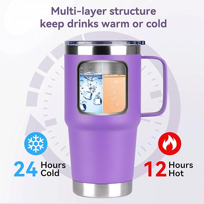 HASLE OUTFITTERS 20oz Tumbler with Lid, Stainless Steel Tumbler with Handle, Metal Insulated Travel Coffee Mug with Handle, Double Wall Vacuum Spill Proof Tumbler Cup, Purple 1 Pack