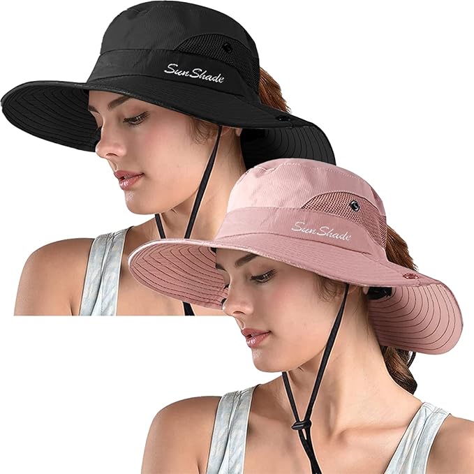 ZOORON Women's Ponytail Safari Sun Hat,Wide Brim UV Protection Outdoor Bucket Hat,Foldable Beach Summer Fishing Hat
